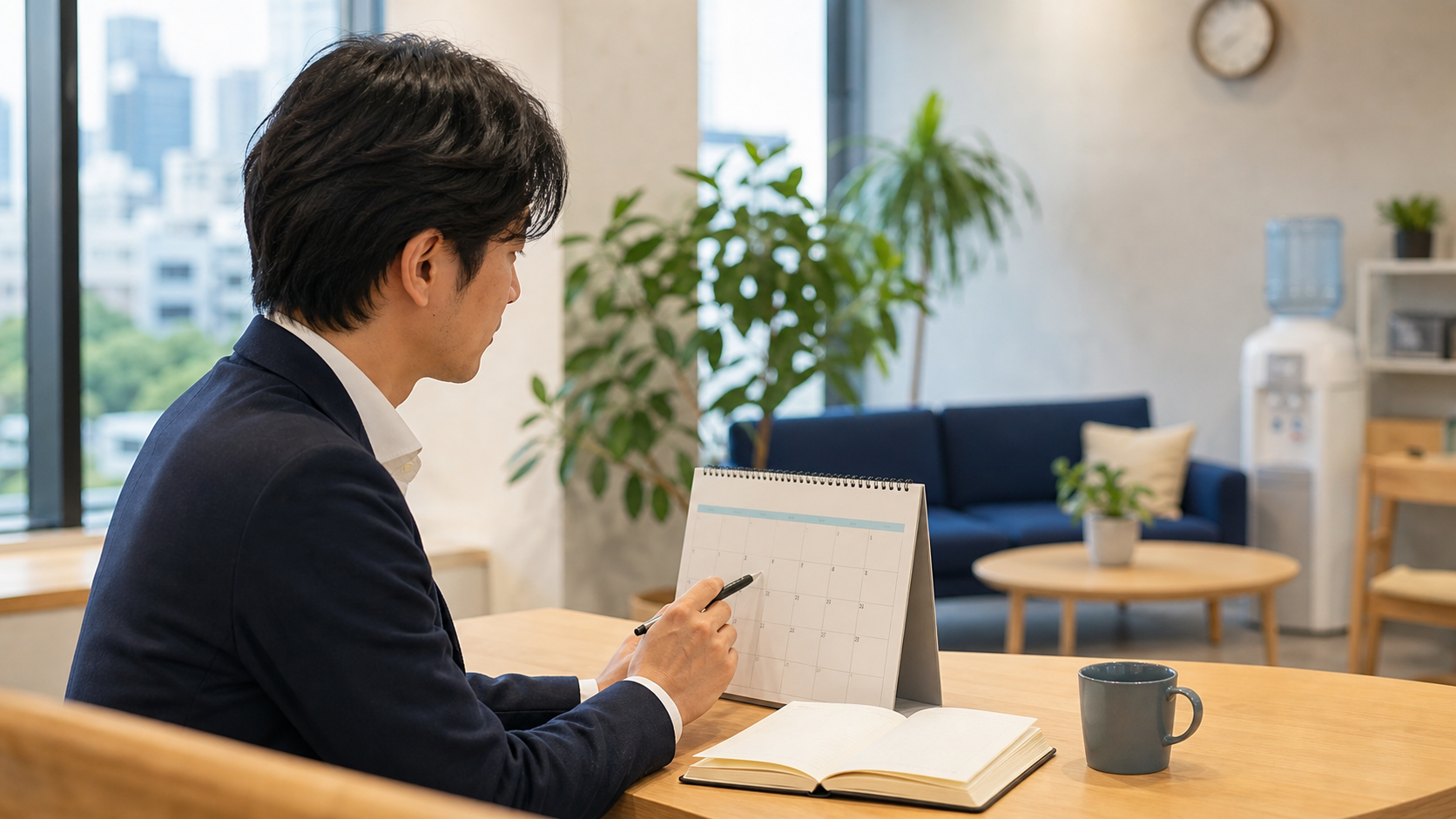有給休暇と休憩時間を確認するカレンダーと休憩スペース