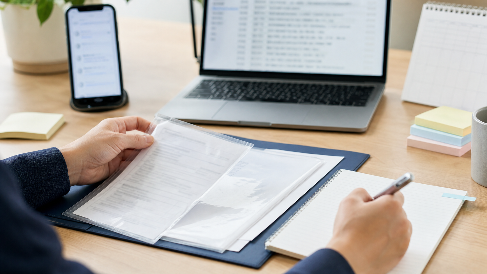 有給申請の証拠を整理する会社員の手元