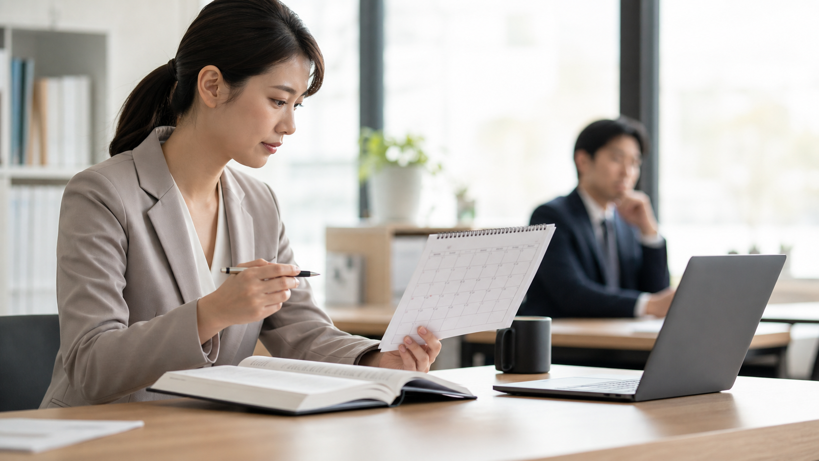 有給休暇の権利を確認しながらカレンダーを見る会社員