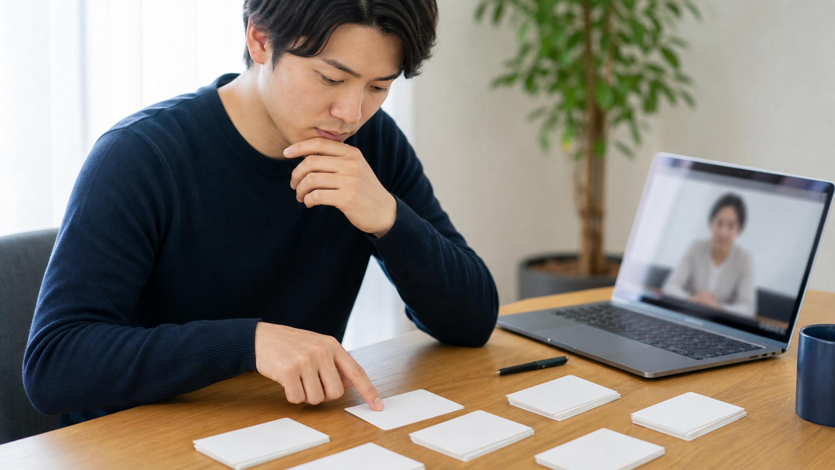 面接の質問別に回答カードを整理して緊張対策をする場面