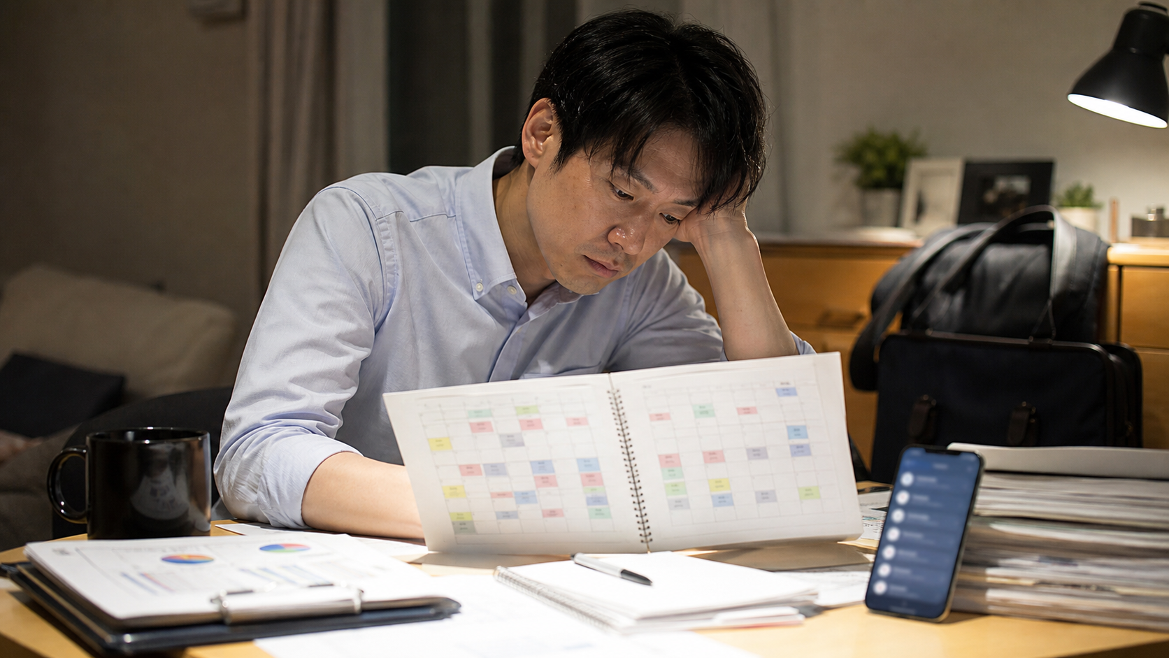 仕事と転職活動の予定が重なり疲れを感じる会社員
