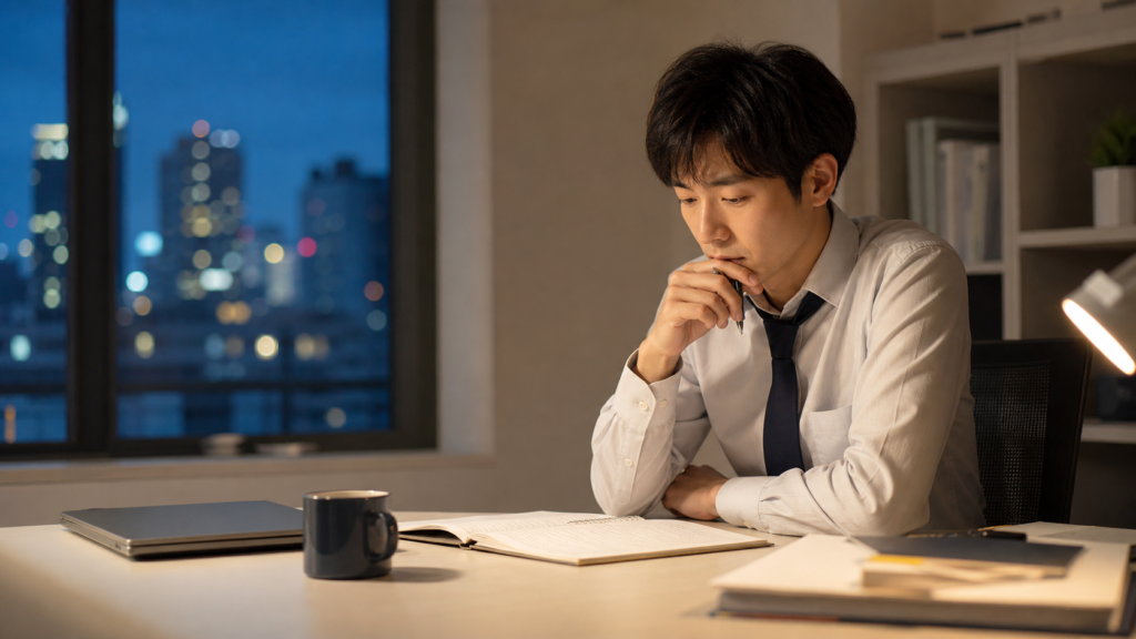 仕事が向いてないか判断するためにノートを見直す会社員