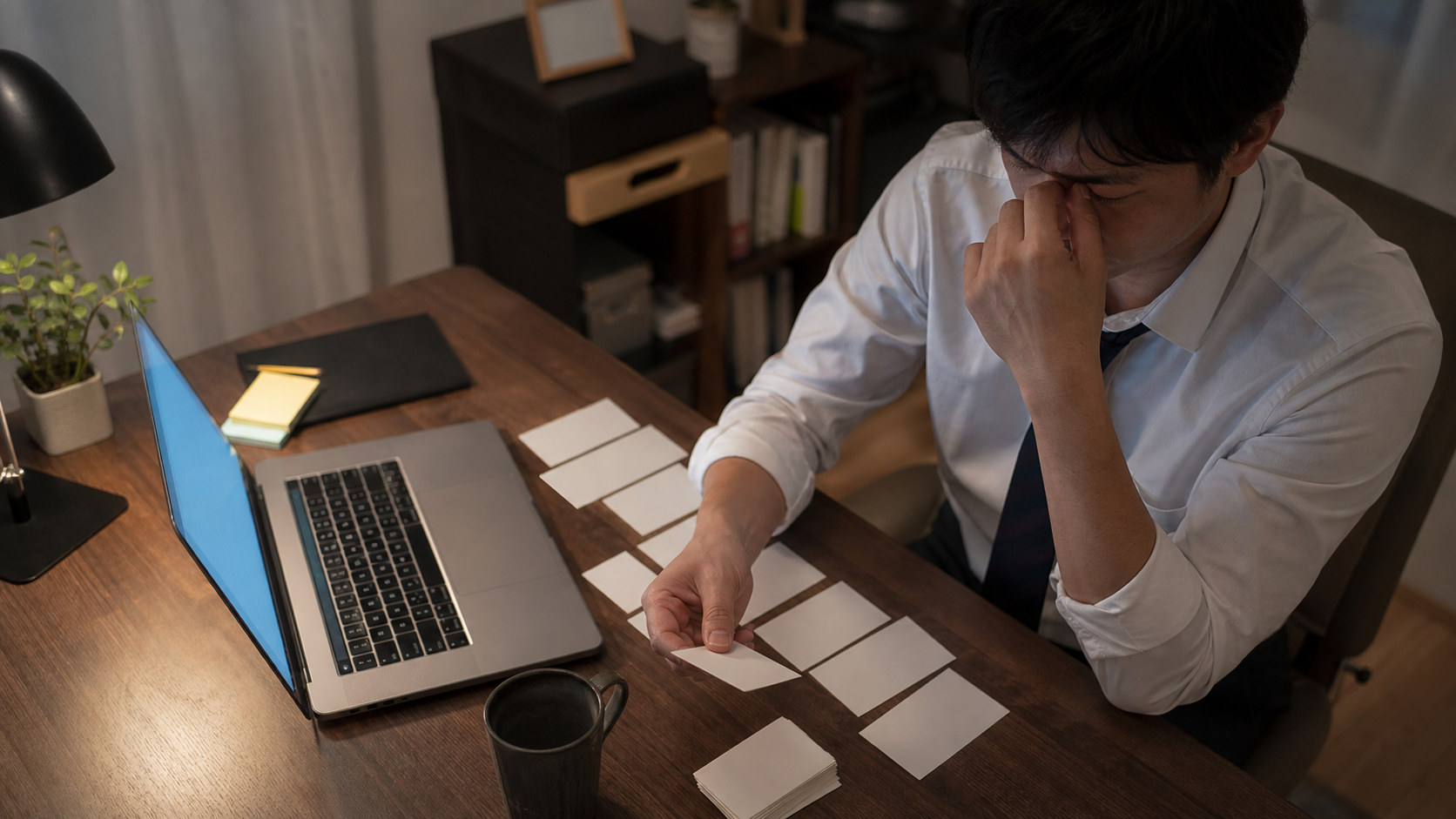 仕事がしんどい原因をカードに分けて整理する会社員