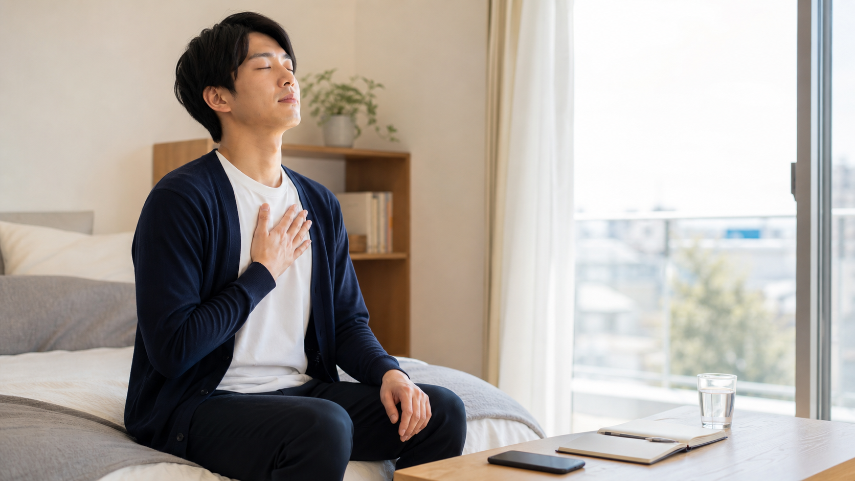 仕事がしんどい限界サインに気づいて呼吸を整える会社員