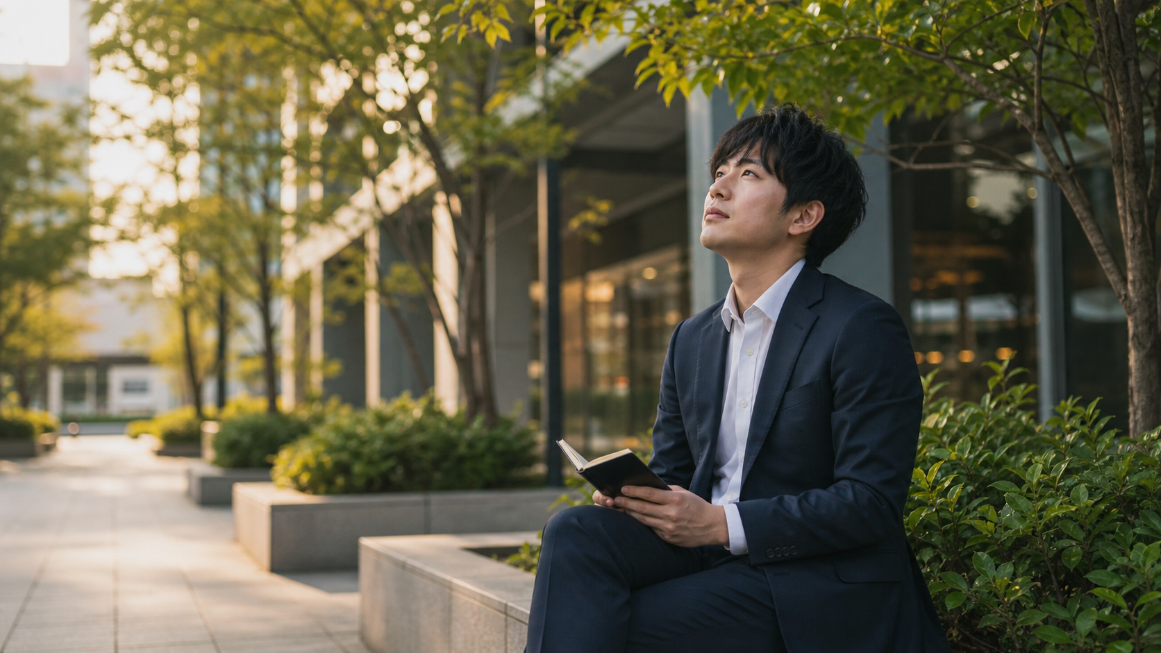 職場ストレスのサインに気づき外で一息つく会社員