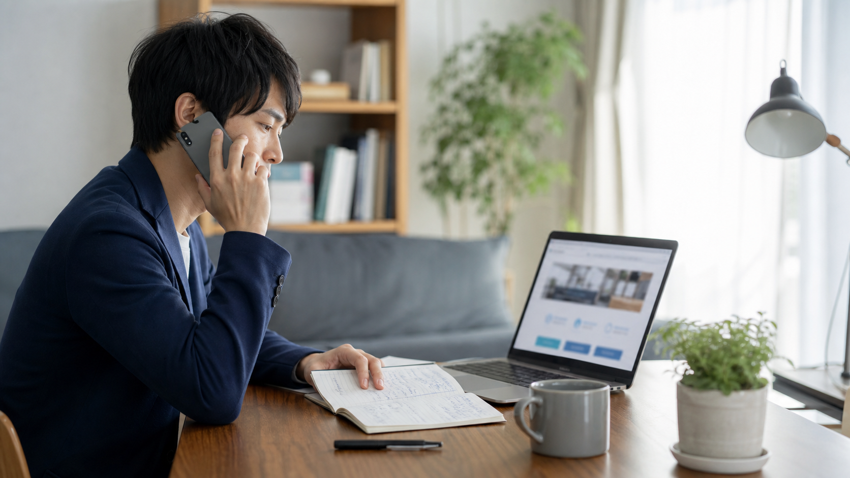 休憩なしの職場について相談先へ電話する会社員