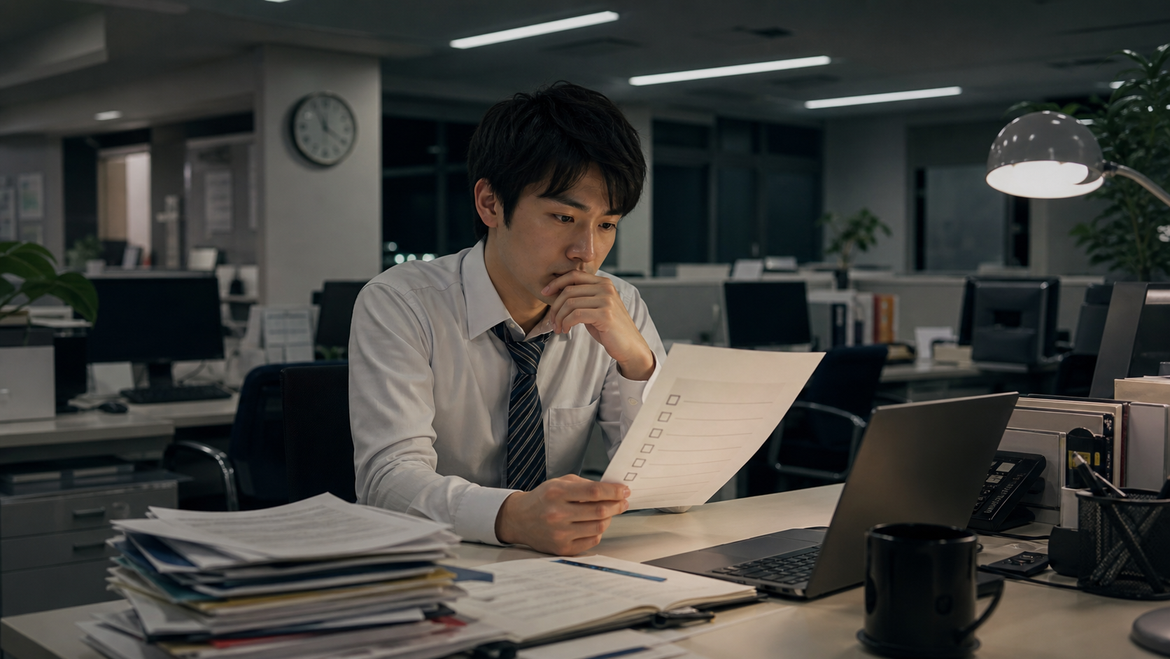 夜のオフィスでやばい会社の入社後サインを確認する会社員
