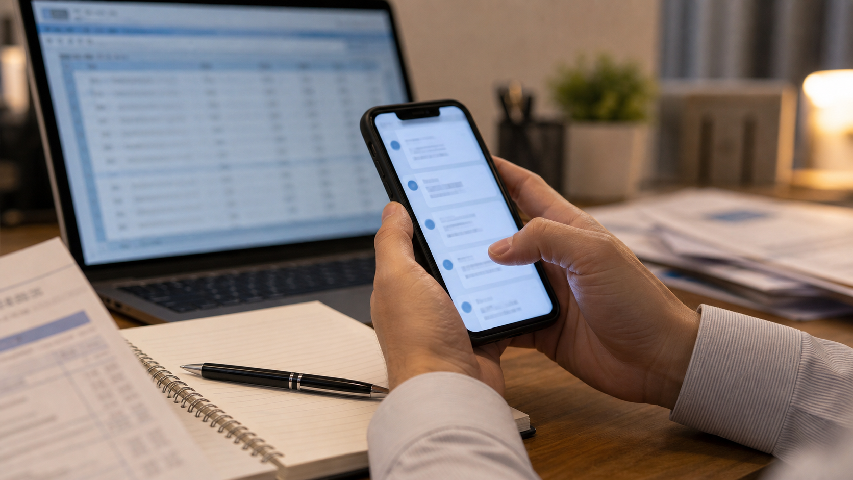 残業50時間の証拠として勤怠や業務連絡をスマホで記録する様子