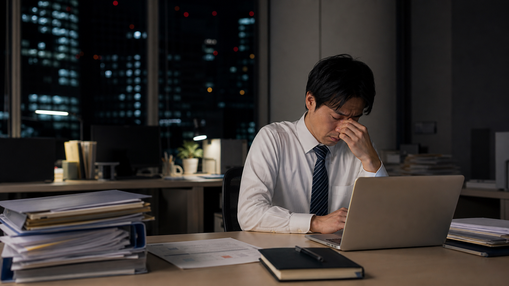 残業50時間で疲れた会社員が夜のオフィスで判断に迷う様子