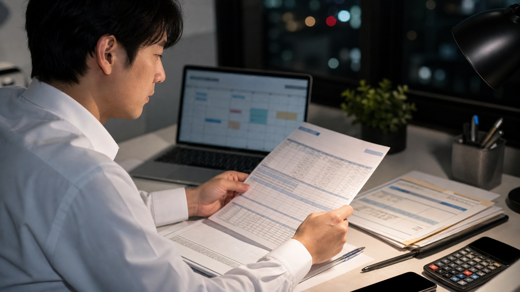 残業50時間の36協定や残業代を勤怠書類で確認する会社員