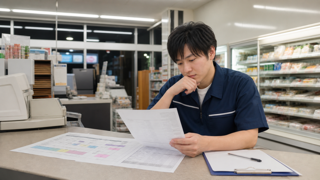 コンビニ正社員が夜勤明けに給料と転職先を比較している様子