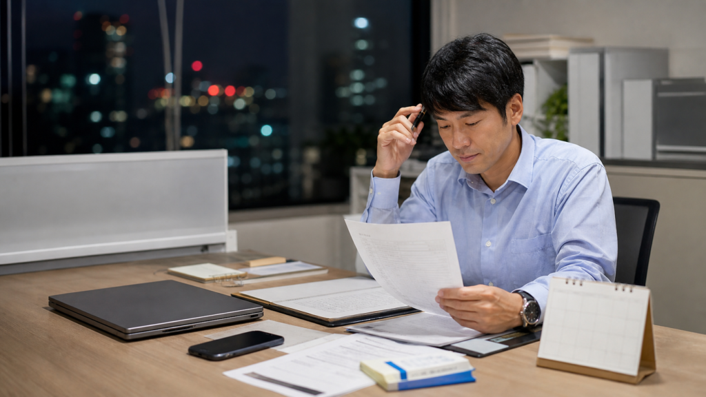 労働基準法で社畜の権利を確認する会社員と勤務資料