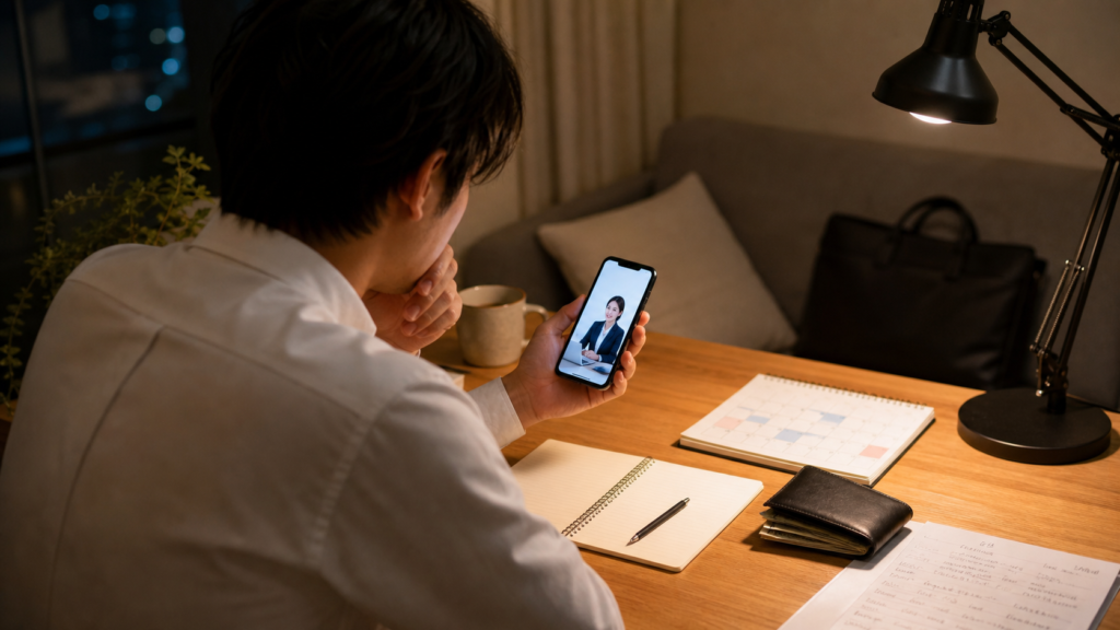 退職代行の後払いをスマホで相談し支払い予定を確認する会社員