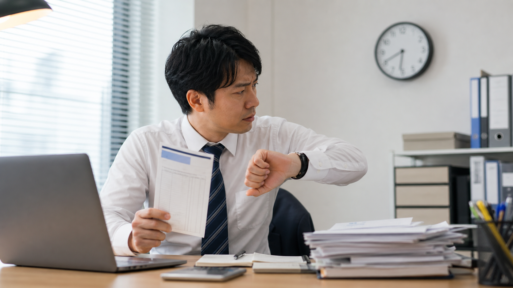 休憩なしで働く会社員が時計と勤怠表を確認している様子