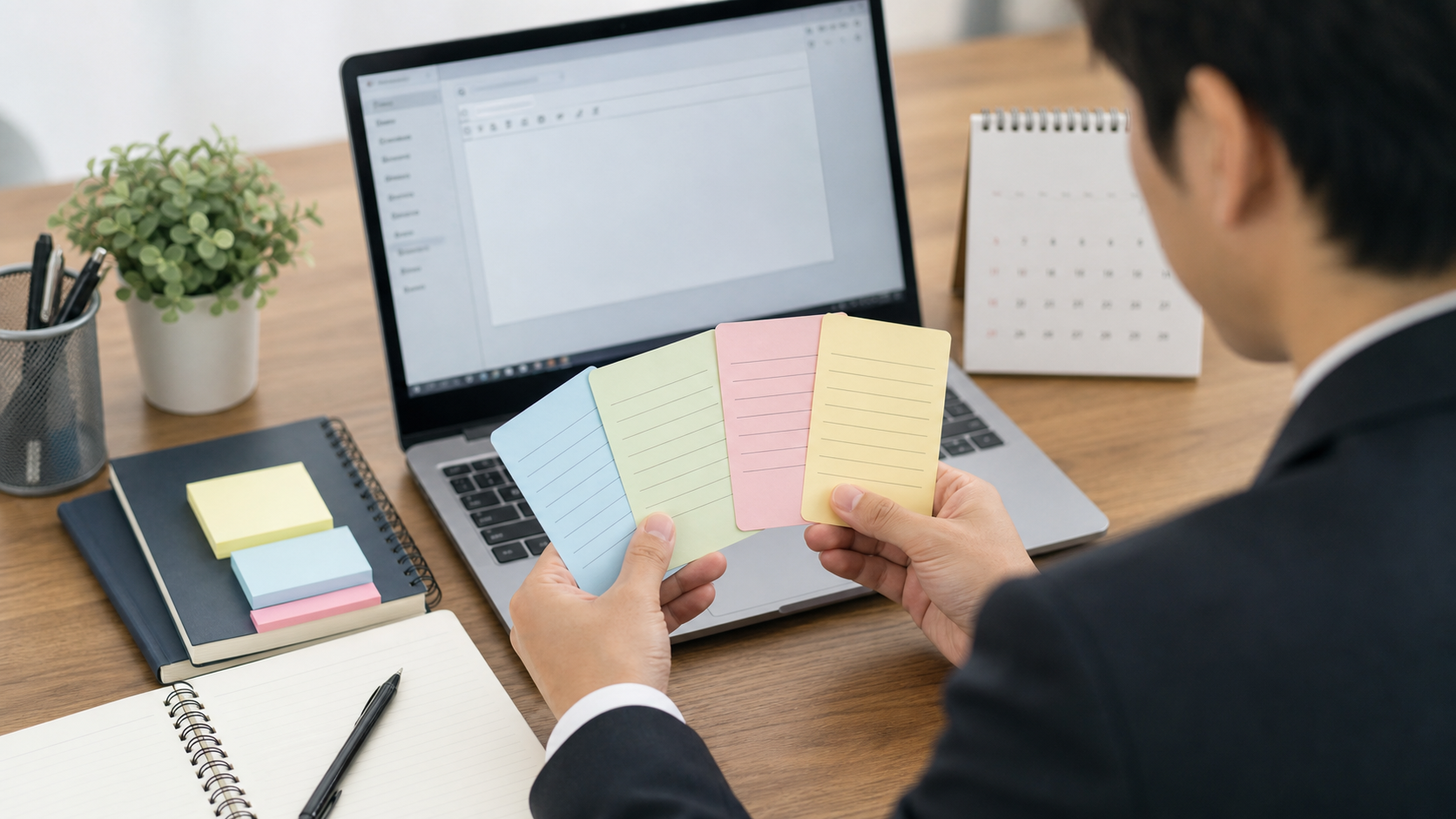 社内挨拶や社外メールなど場面別に「働かせていただく」の言い換えを選ぶ様子