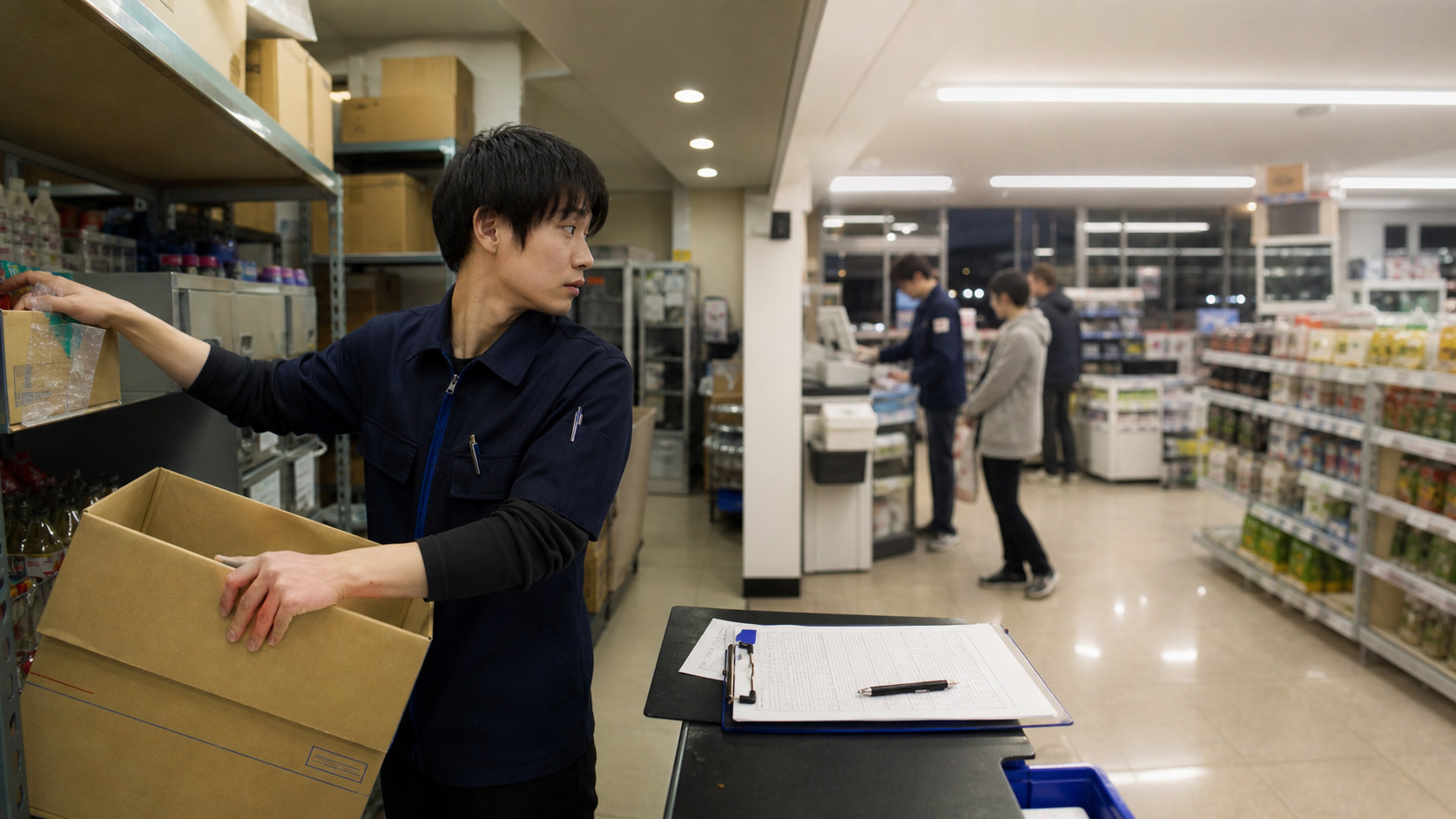 コンビニ正社員が夜勤中に品出しとレジ対応を同時に進めている様子