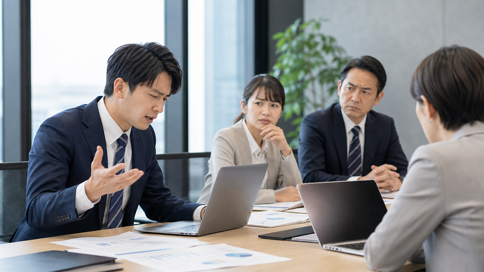 会議中に感情的な反抗をして周囲が困惑する職場の様子