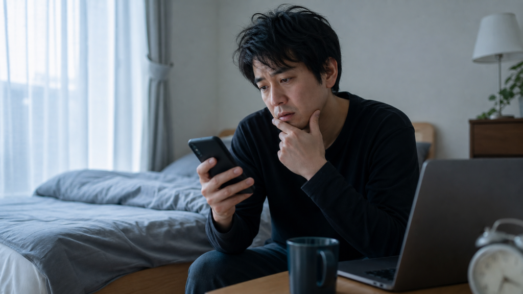 最強の仮病を検索する朝にスマホで欠勤連絡を考える会社員