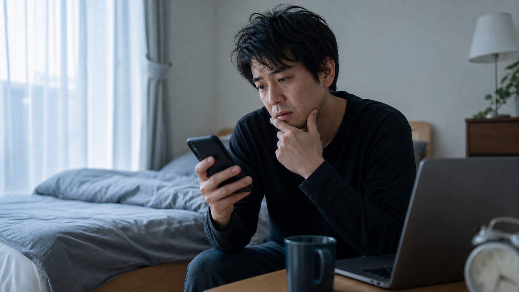 最強の仮病を検索する朝にスマホで欠勤連絡を考える会社員