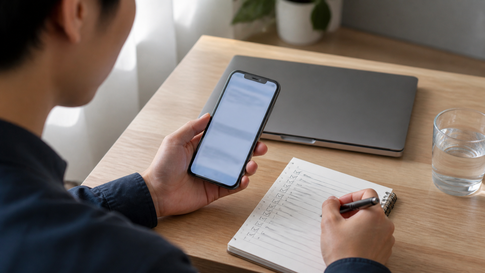 会社を休む連絡と仕事の引き継ぎ項目をスマホとノートで整理する様子