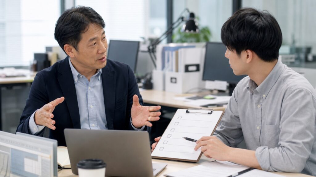 曖昧な指示を具体的な確認事項に整理する上司と部下
