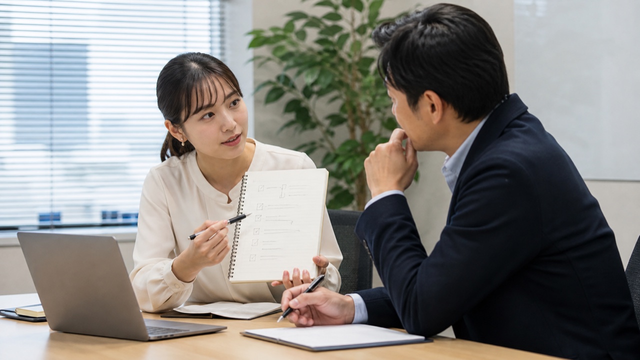 目的・完成形・期限・優先順位を上司に確認する会社員