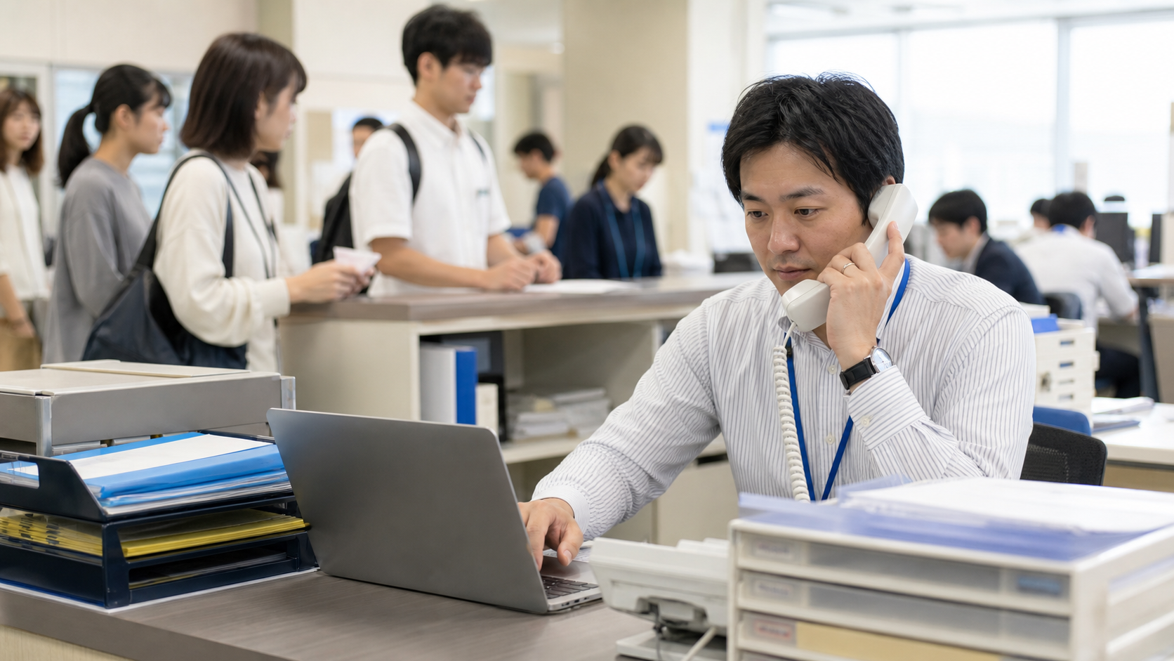 繁忙期に学生対応と電話対応を同時に進める大学職員