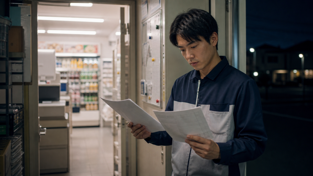 コンビニ正社員が夜勤中にシフト表と給与明細を見比べて働き方を考える様子