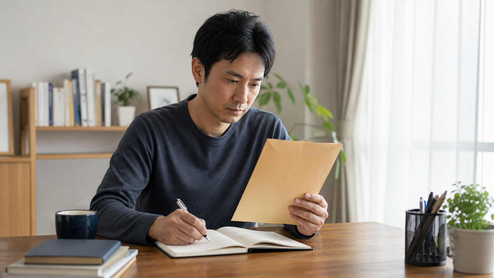 停職中に処分書を確認しながら復職計画を書く公務員