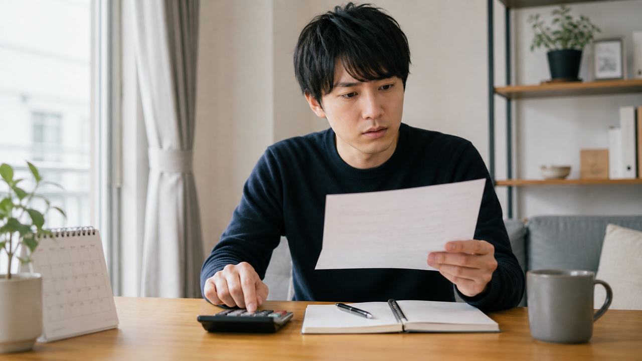 給与明細と電卓で欠勤控除を確認する会社員