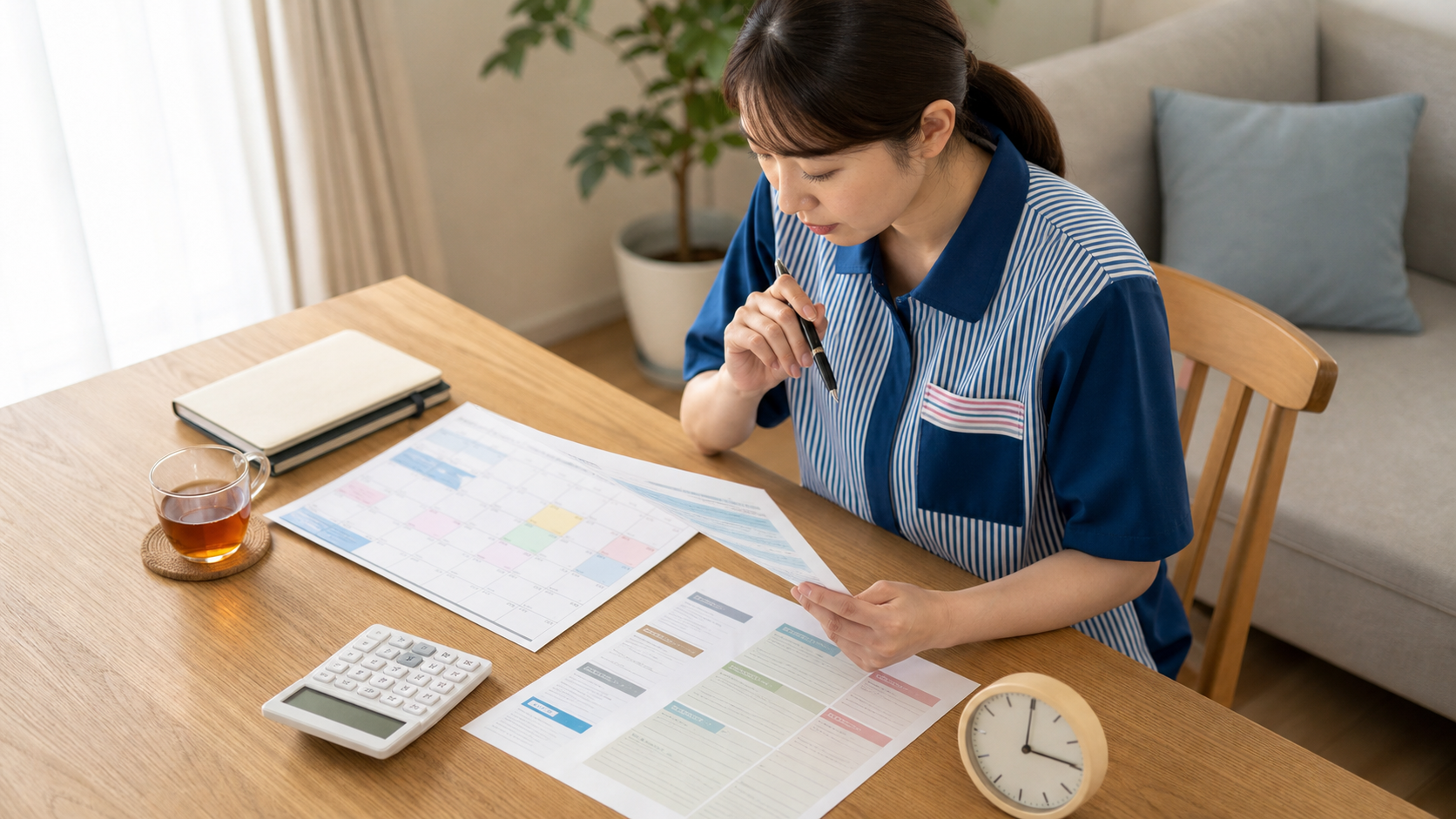 コンビニ正社員が給与明細とシフト表と求人条件を比較して退職判断を整理する様子