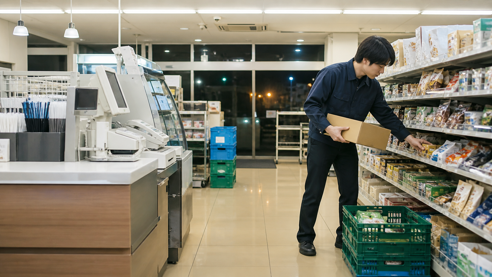深夜のコンビニ正社員がレジを見ながら一人で品出しを進める様子