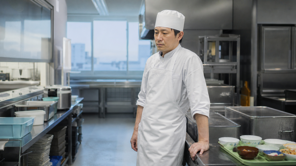 早朝の病院厨房で疲れを感じる調理師