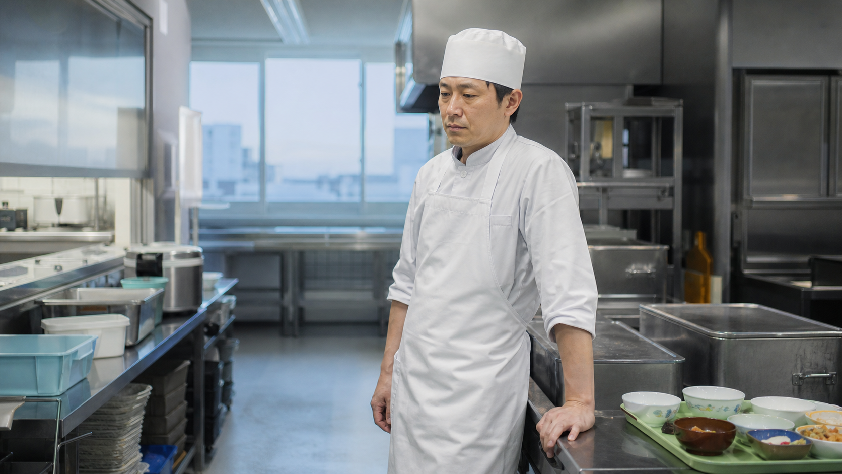 早朝の病院厨房で疲れを感じる調理師
