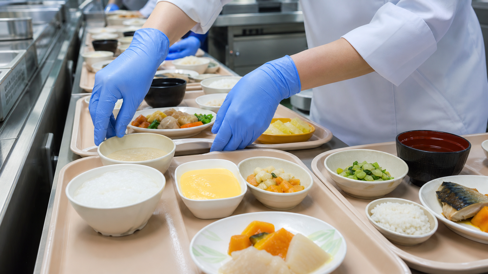 食形態や分量が異なる病院食を盛り付ける手元