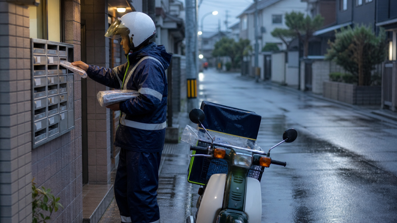 雨の早朝に新聞を郵便受けへ届ける配達員