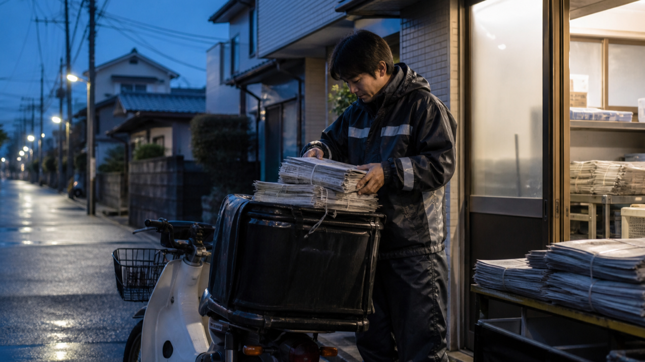 夜明け前に新聞を準備する新聞配達員