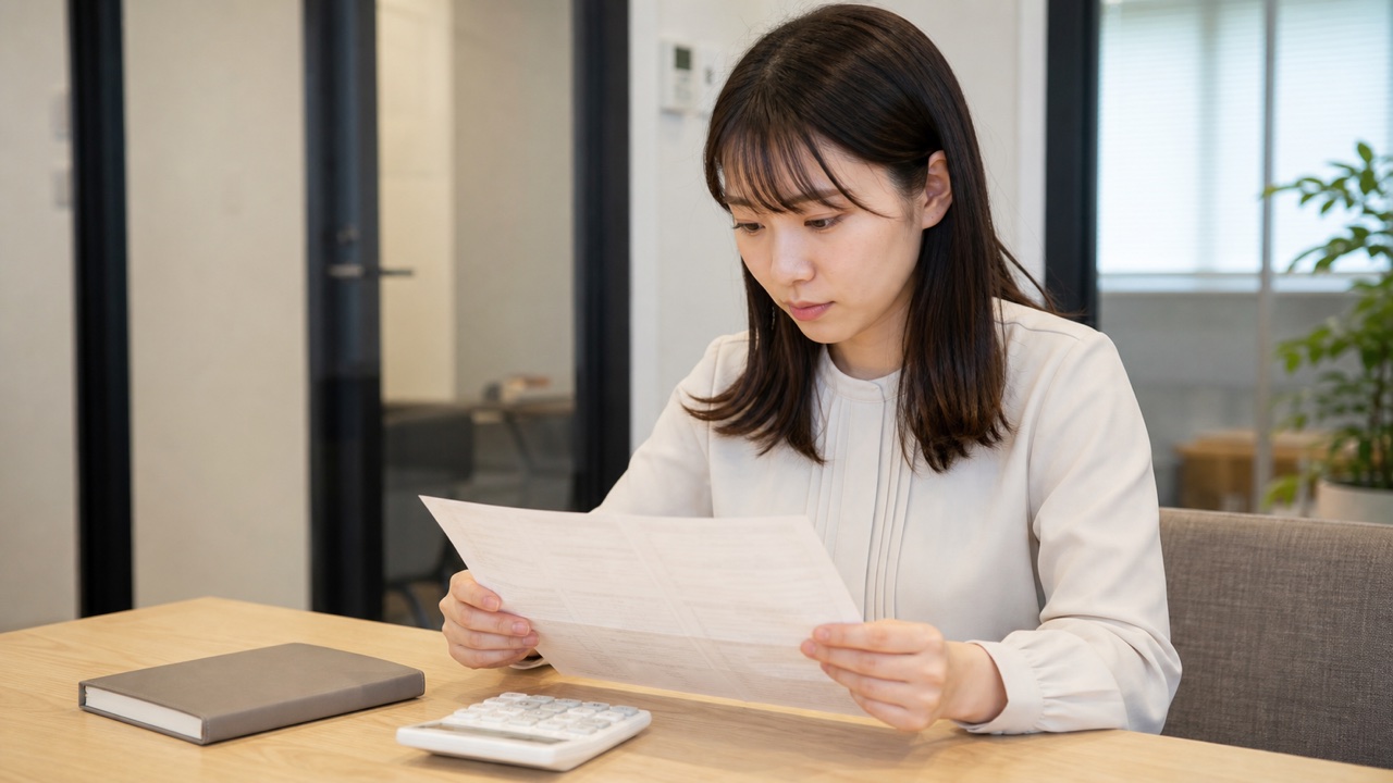 給与明細と電卓を照合する会社員