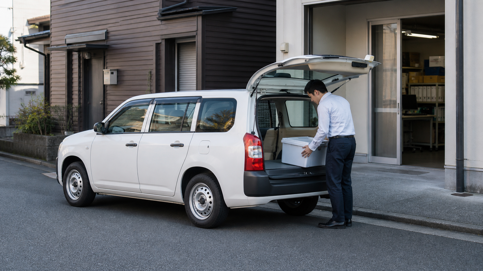 訪問先で荷物を降ろす担当者と白いプロボックス風の営業車