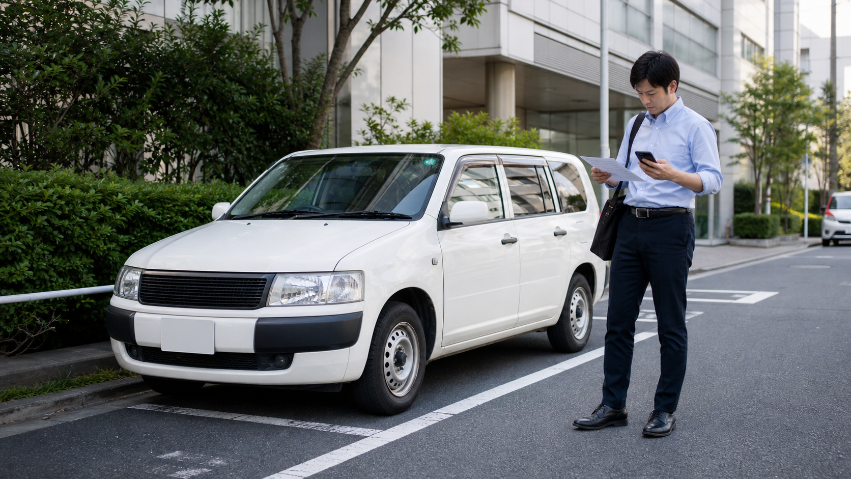 営業先の駐車スペースで予定を確認する外回り担当者と白いプロボックス風の営業車