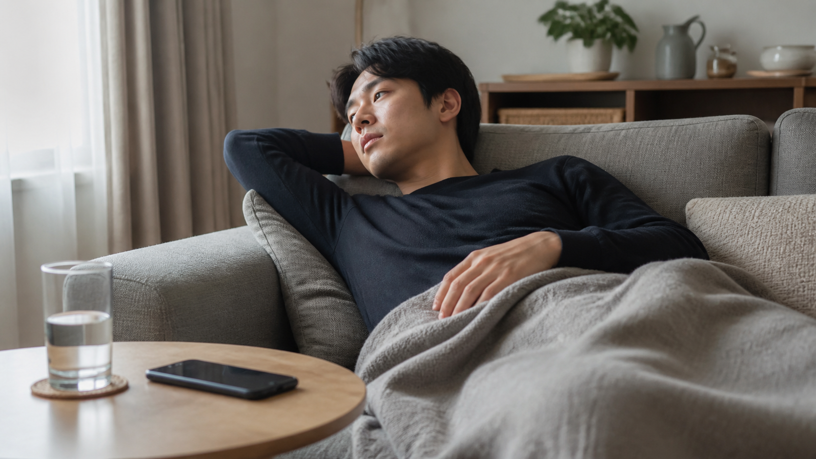 仮病がバレる行動を避けスマホを伏せて自宅で休む会社員