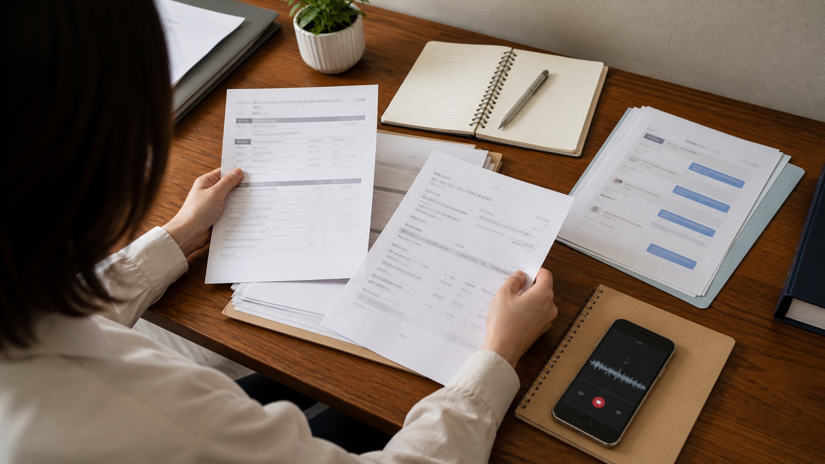 未払い賃金やパワハラの証拠資料を整理する会社員