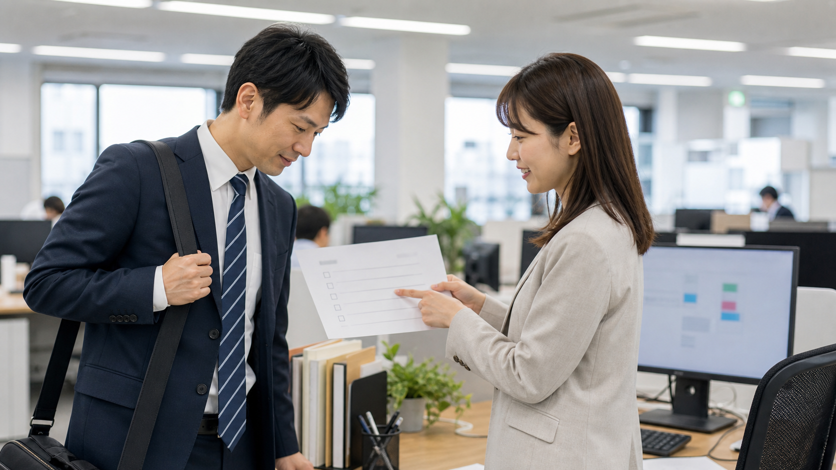 休み明けに同僚へお礼を伝えてタスクを確認する会社員
