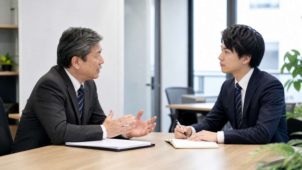 職場で説教する年上社員と落ち着いて話を聞く若手社員