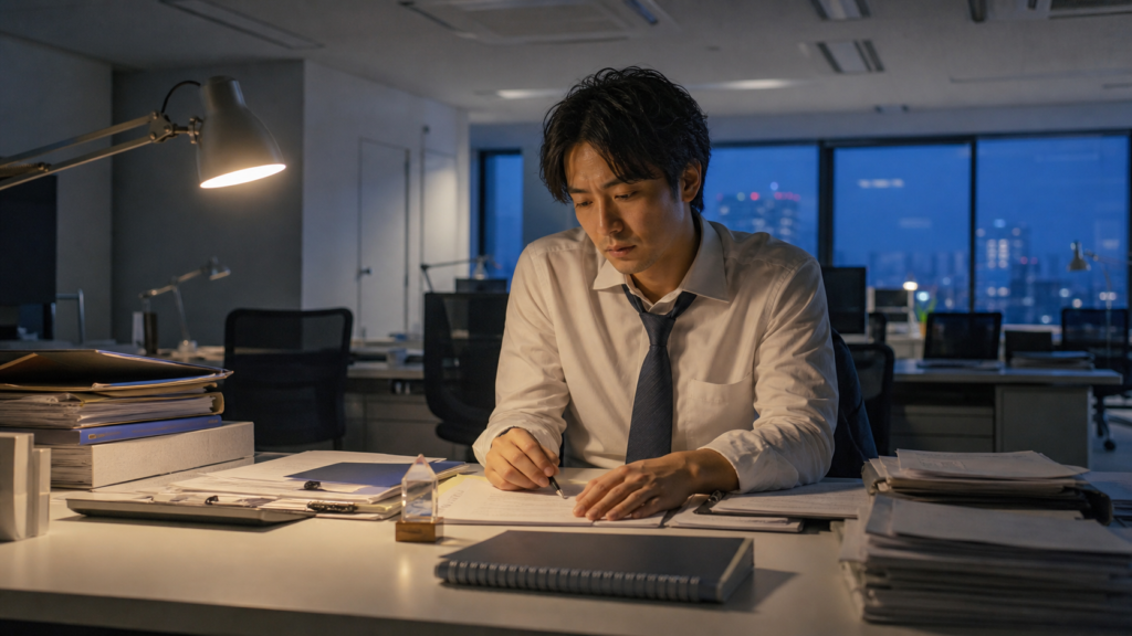 夜のオフィスで仕事を続ける社畜の鑑と呼ばれやすい会社員