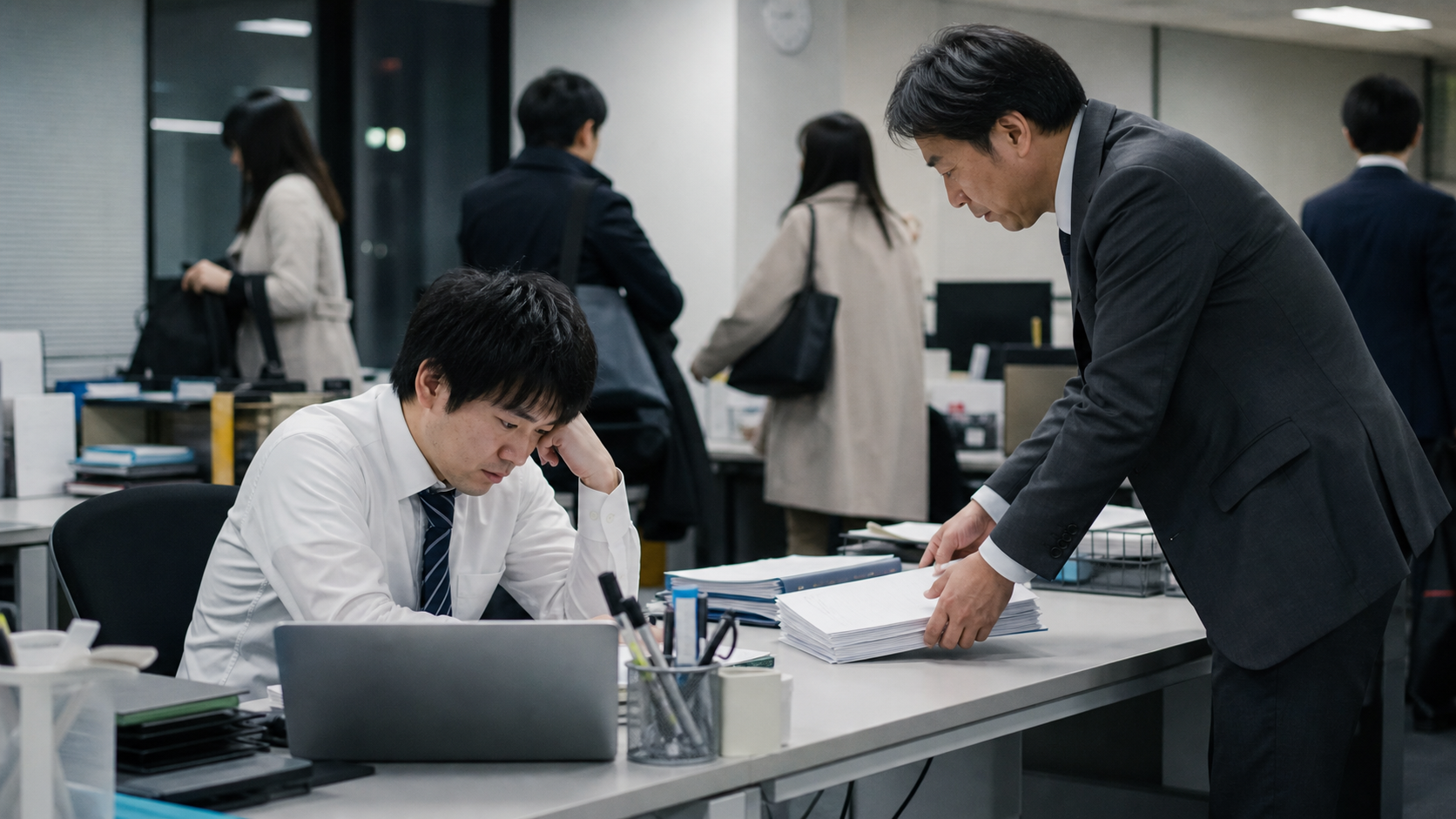 同僚が帰るなか追加の仕事を頼まれる会社員