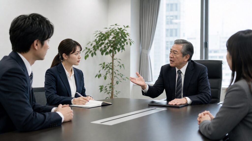 ワンマン社長の話を冷静に聞きながら記録を取る社員