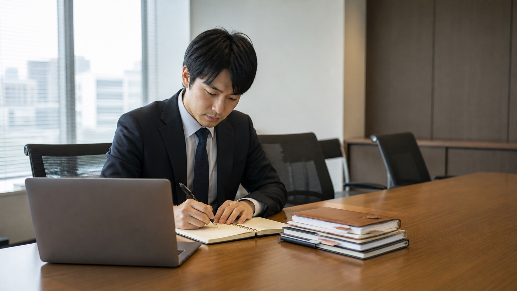 会議後にワンマン社長の指示と変更点をノートへ記録する社員