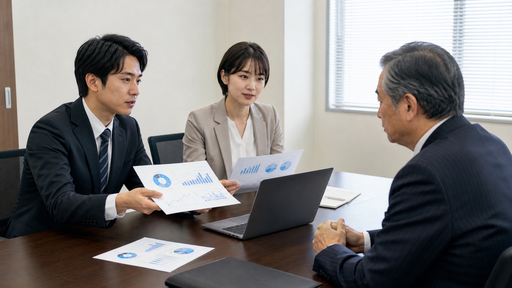 データと複数案を示してワンマン社長へ冷静に提案する社員