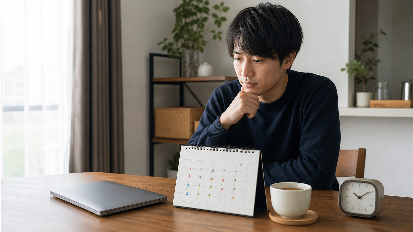 カレンダーで仕事の欠勤と体調変化を振り返る会社員